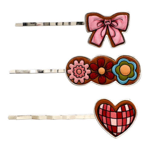 Ribbon Heart and Flower Three Leather Hair Pins