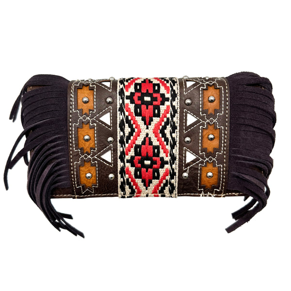 Aztec Tribal Print Fringe Crossbody Western Wallet