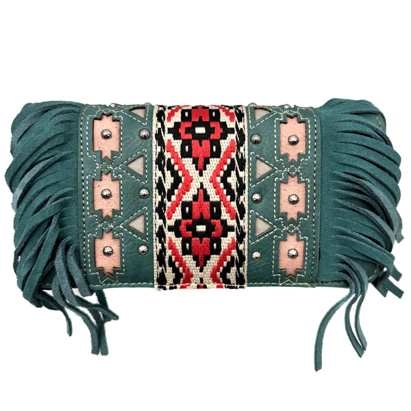 Aztec Tribal Print Fringe Crossbody Western Wallet
