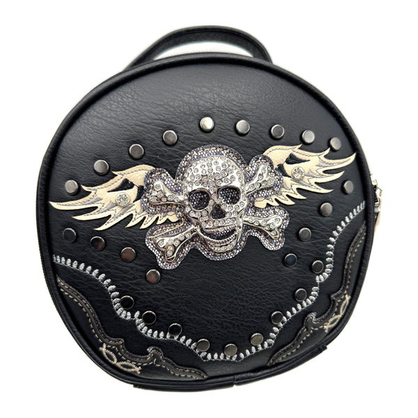 Black Skull Embroidered Circle Crossbody Purse Bag