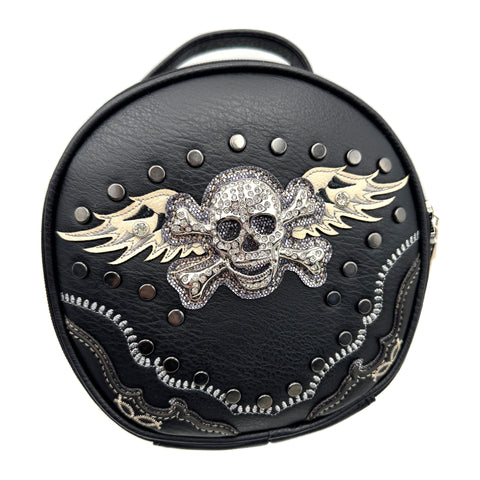 Black Skull Embroidered Circle Crossbody Purse Bag