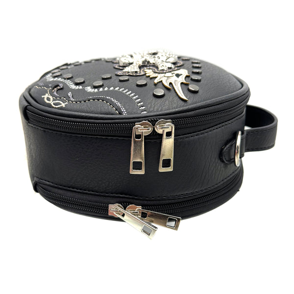 Black Skull Embroidered Circle Crossbody Purse Bag