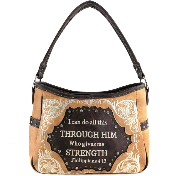 Bible Verse Philippians 4:13 Embroidery Handbag Hobo Bag