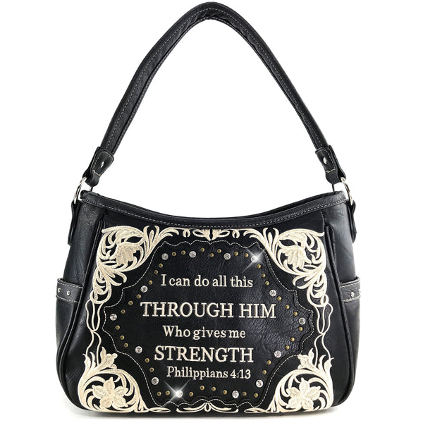 Bible Verse Philippians 4:13 Embroidery Handbag Hobo Bag