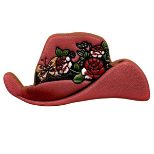 Tooled Leather Western Cowboy Hat Pink Roses Brooch