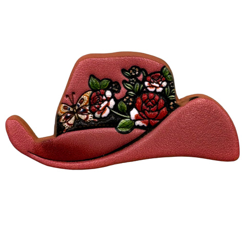 Tooled Leather Western Cowboy Hat Pink Roses Brooch