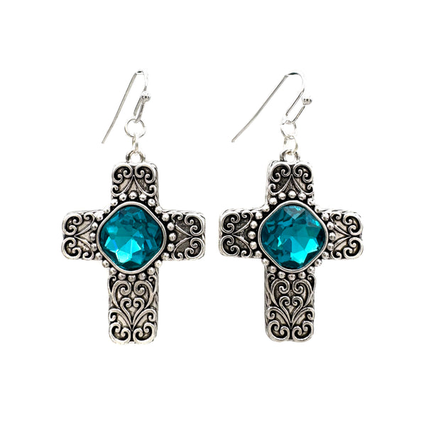 Silver Cross Earrings with Glass Crystal