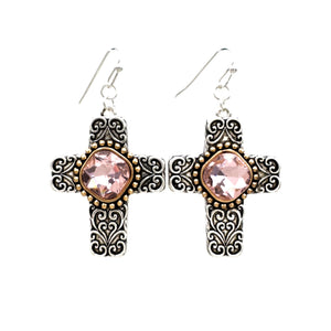 Silver Cross Earrings with Glass Crystal