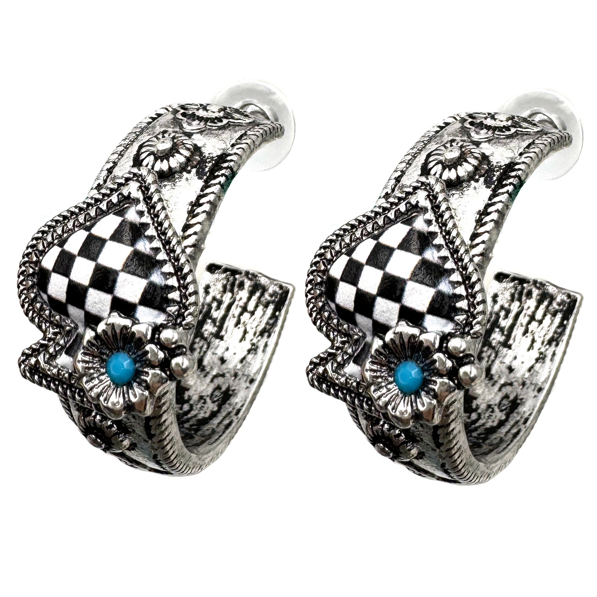 Spade Checkered Print Western Hoop Earrings