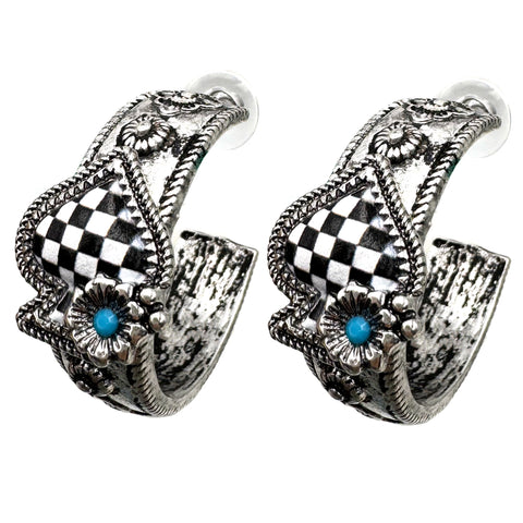 Spade Checkered Print Western Hoop Earrings
