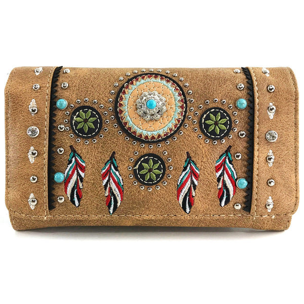 Embroidered Dream Catcher Native Feathers Crossbody Wallet