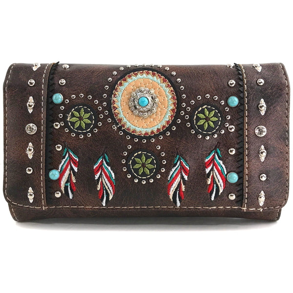 Embroidered Dream Catcher Native Feathers Crossbody Wallet