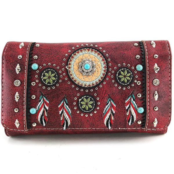 Embroidered Dream Catcher Native Feathers Crossbody Wallet