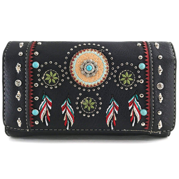 Embroidered Dream Catcher Native Feathers Crossbody Wallet