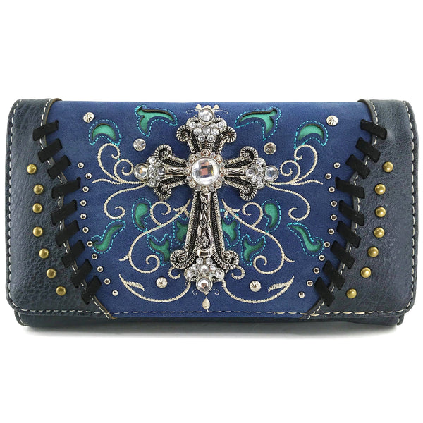 Western Cross Floral Embroidery Crossbody Wallet