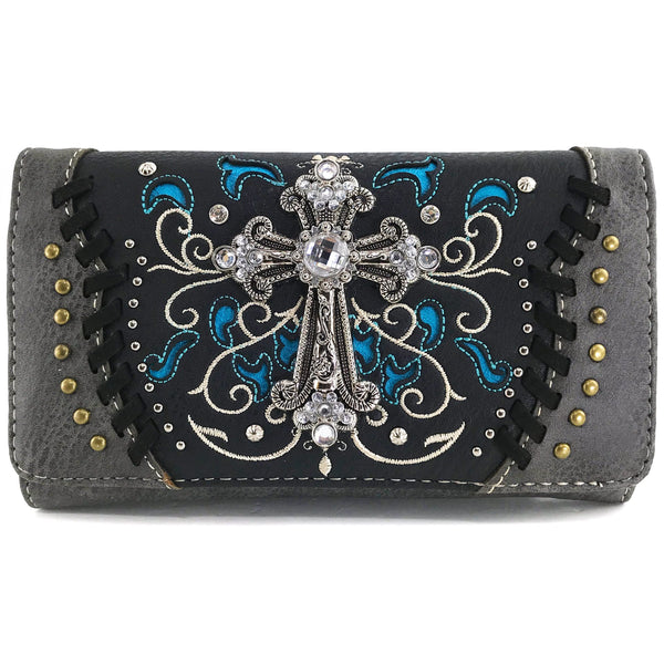 Western Cross Floral Embroidery Crossbody Wallet