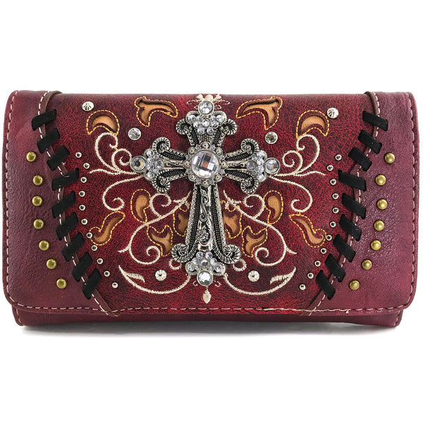 Western Cross Floral Embroidery Crossbody Wallet