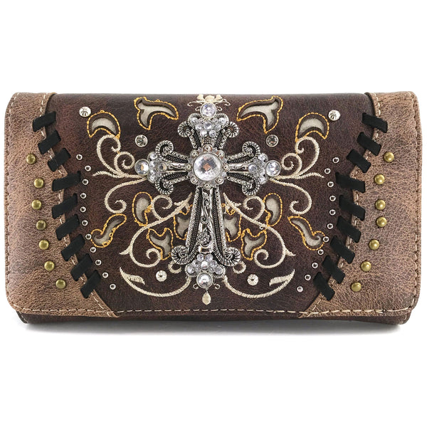 Western Cross Floral Embroidery Crossbody Wallet