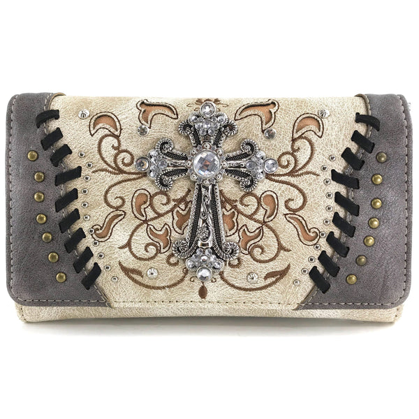 Western Cross Floral Embroidery Crossbody Wallet