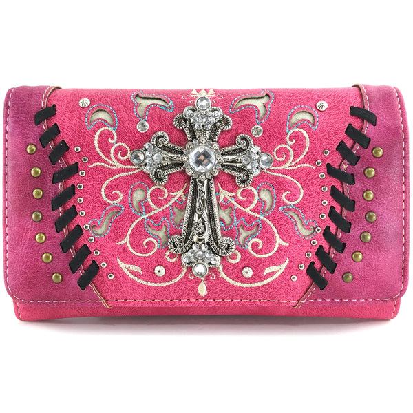 Western Cross Floral Embroidery Crossbody Wallet