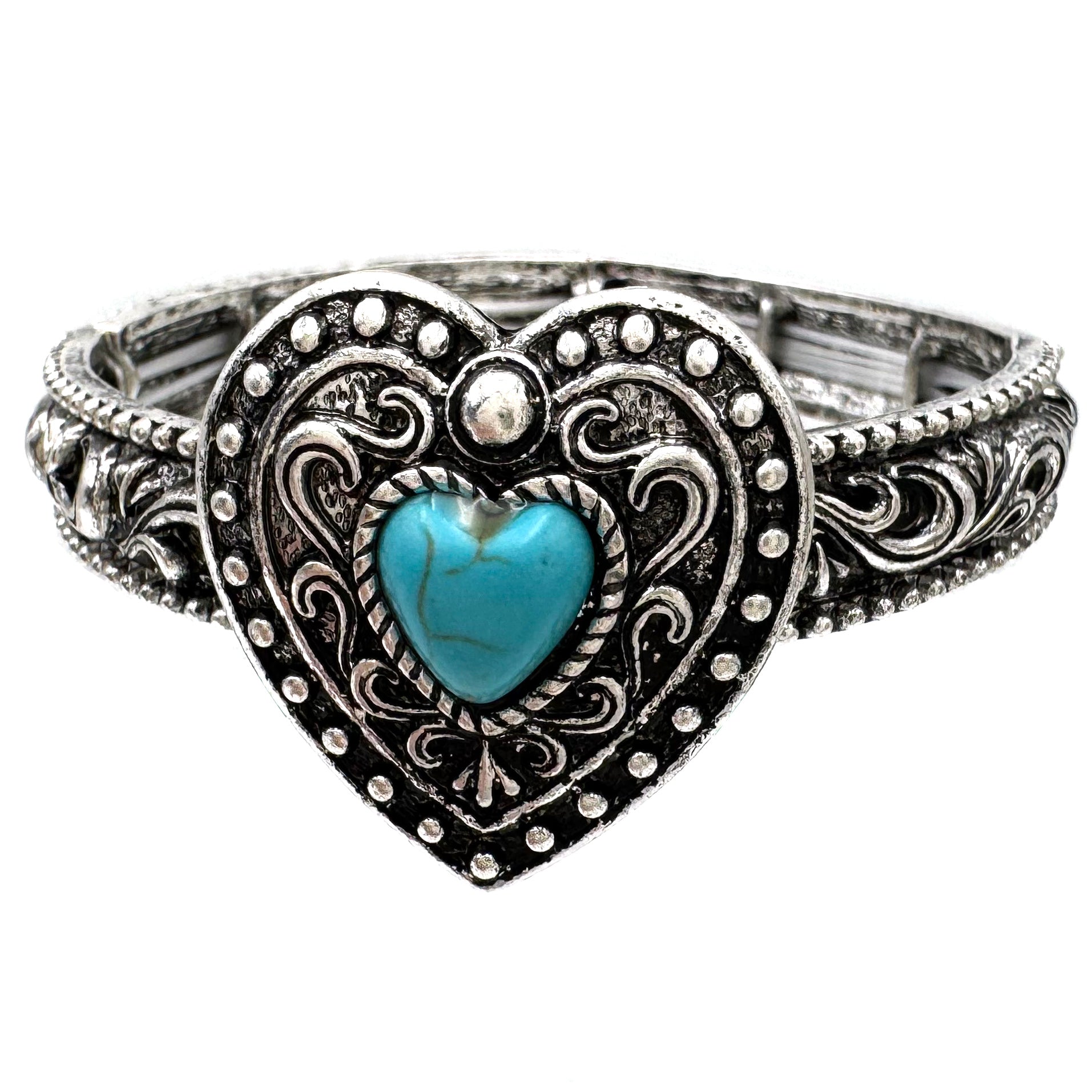 Filigree Heart Silver Metal Stretch Bracelet