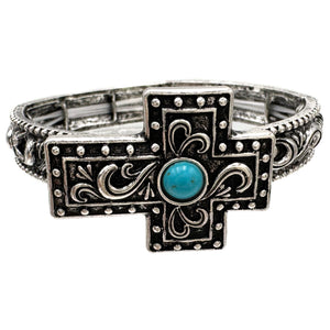 Filigree Cross Silver Metal Stretch Bracelet