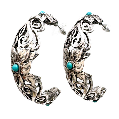 Floral Pattern Turquoise Metal Large C Hoop Earrings