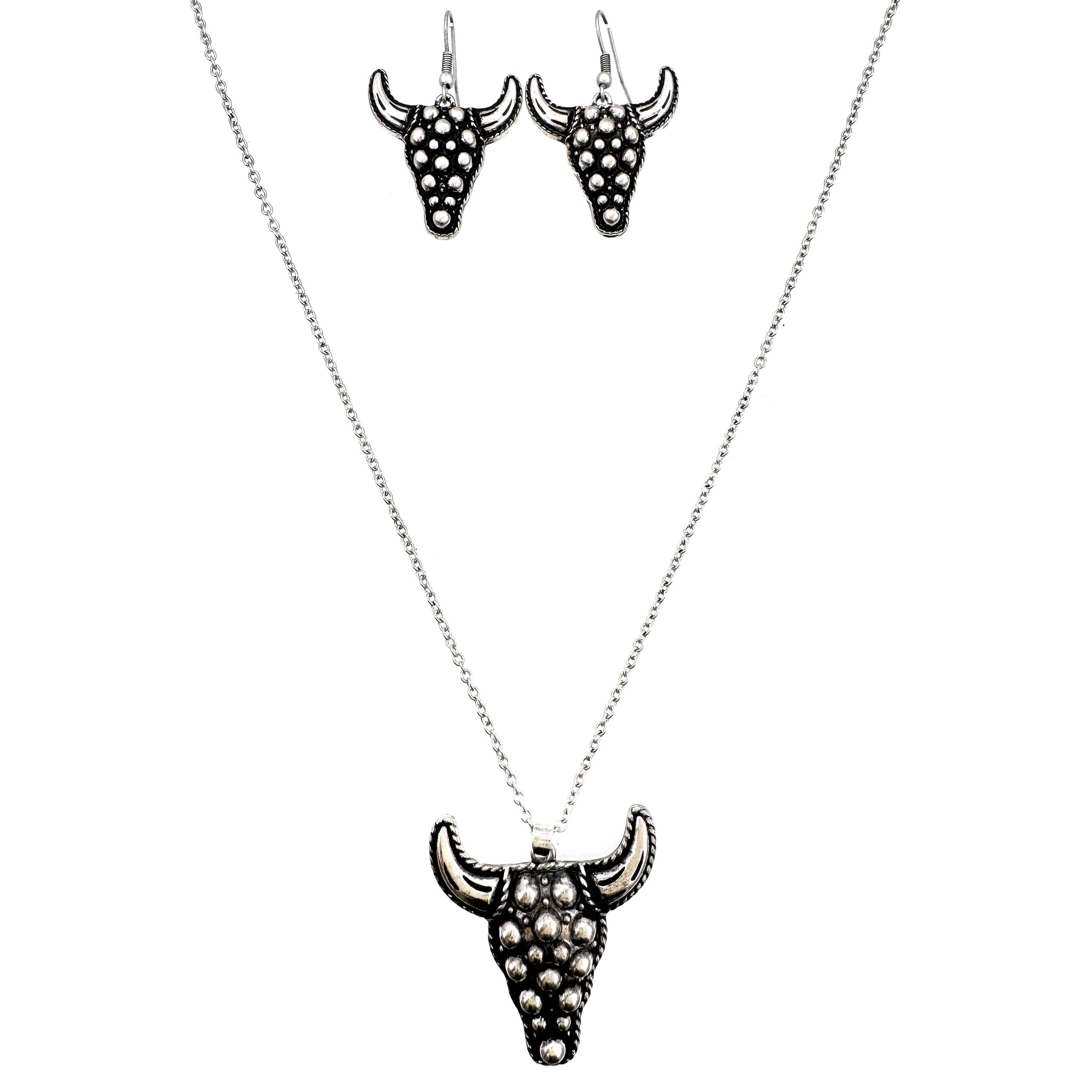 Silver Metal Ball Longhorn Pendant Necklace Set