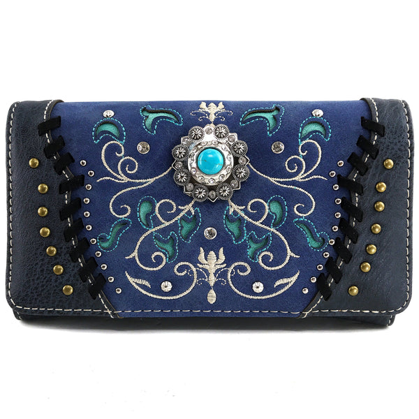 Turquoise Concho Floral Embroidery Crossbody Wallet