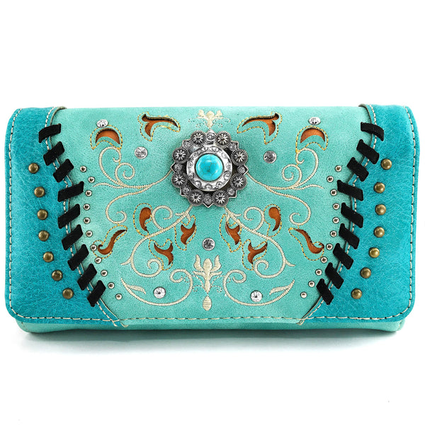 Turquoise Concho Floral Embroidery Crossbody Wallet