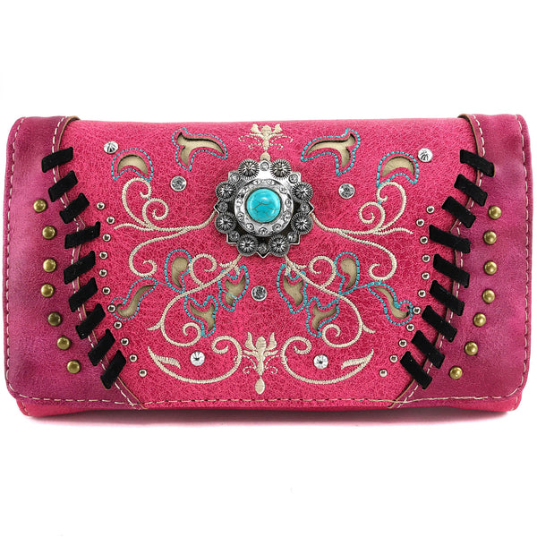 Turquoise Concho Floral Embroidery Crossbody Wallet