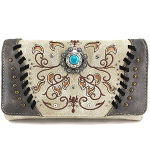 Turquoise Concho Floral Embroidery Crossbody Wallet