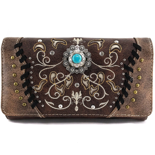 Turquoise Concho Floral Embroidery Crossbody Wallet