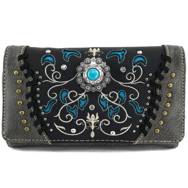 Turquoise Concho Floral Embroidery Crossbody Wallet