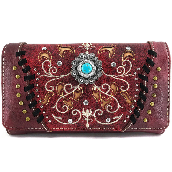 Turquoise Concho Floral Embroidery Crossbody Wallet