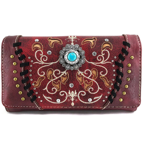 Turquoise Concho Floral Embroidery Crossbody Wallet