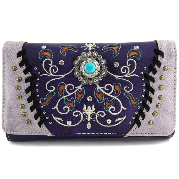 Turquoise Concho Floral Embroidery Crossbody Wallet