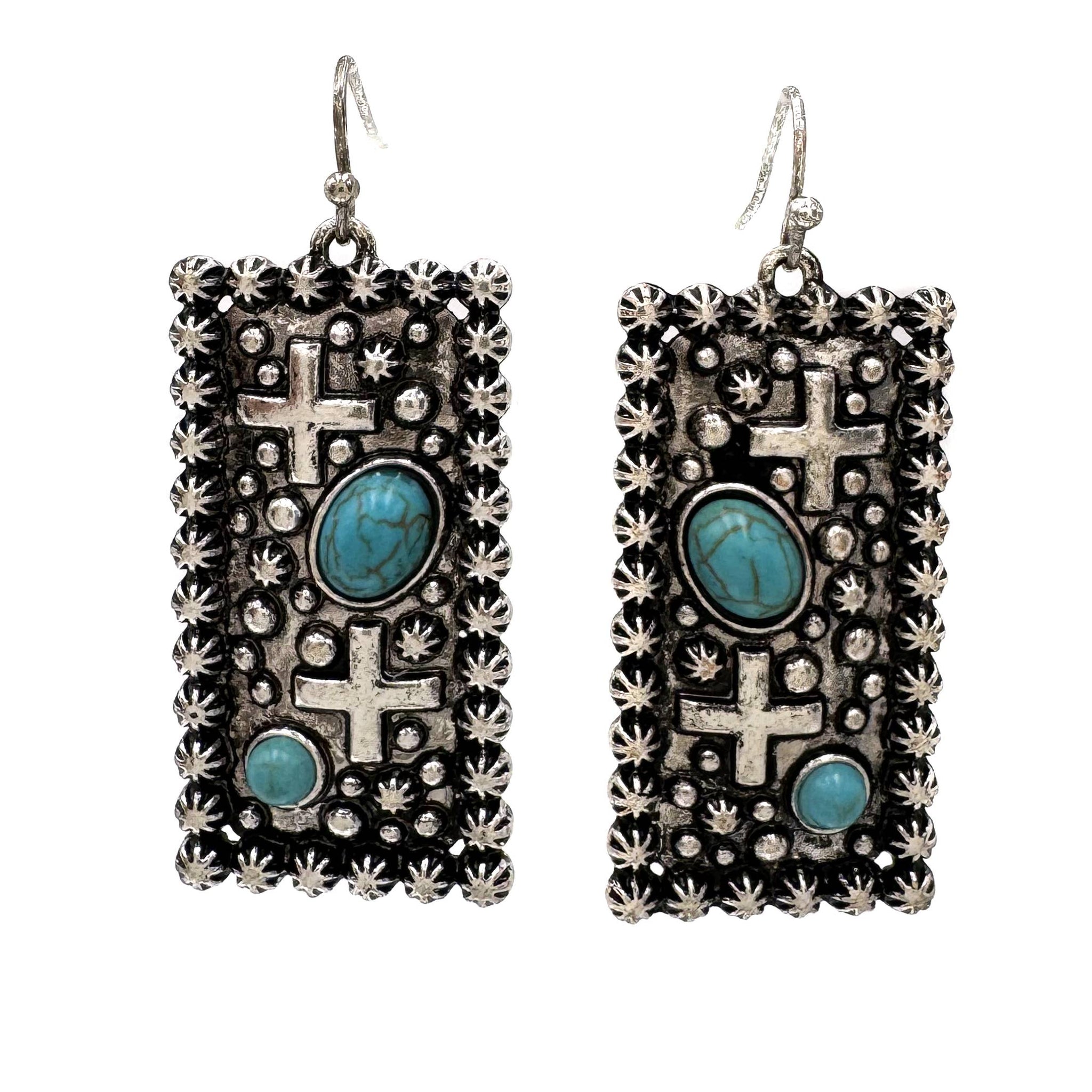 Turquoise Stone Rectangle Western Metal Earrings