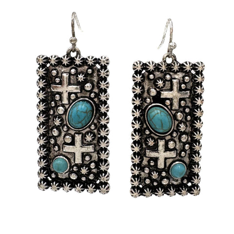 Turquoise Stone Rectangle Western Metal Earrings