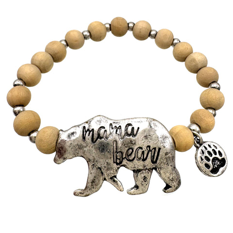 Wood Bead Mama Bear Stretch Bracelet