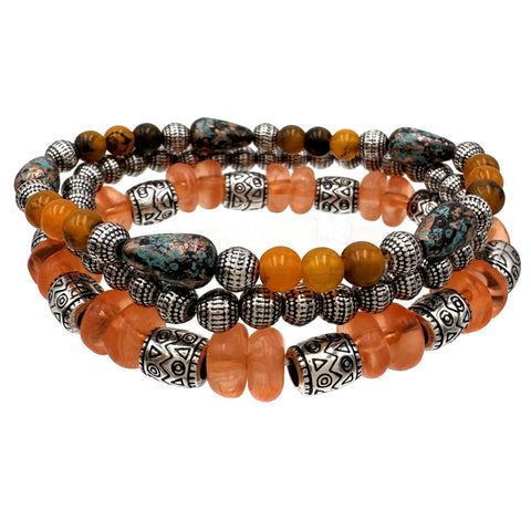 Navajo Style Orange Bead Three Bracelet Set