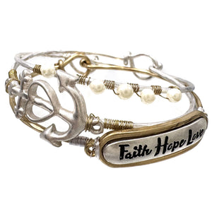 Faith Hope Love Anchor Pearl Three Wired Bangle Bracelet