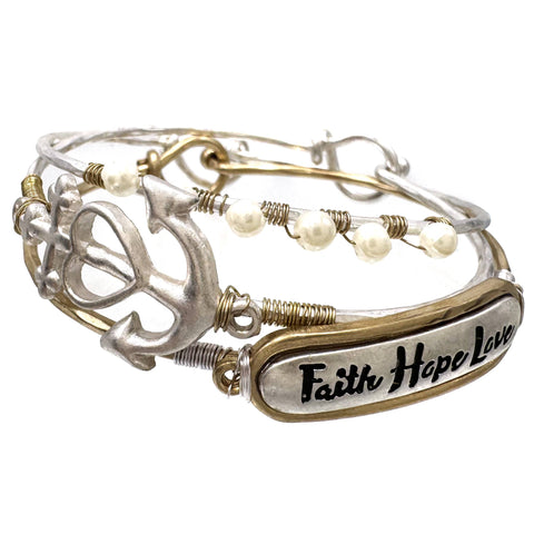 Faith Hope Love Anchor Pearl Three Wired Bangle Bracelet