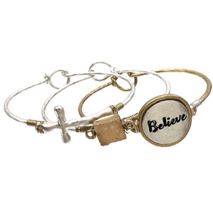 Believe Cross Stone Three Wired Bangle Bracelet