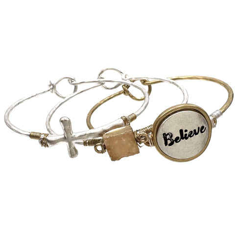Believe Cross Stone Three Wired Bangle Bracelet
