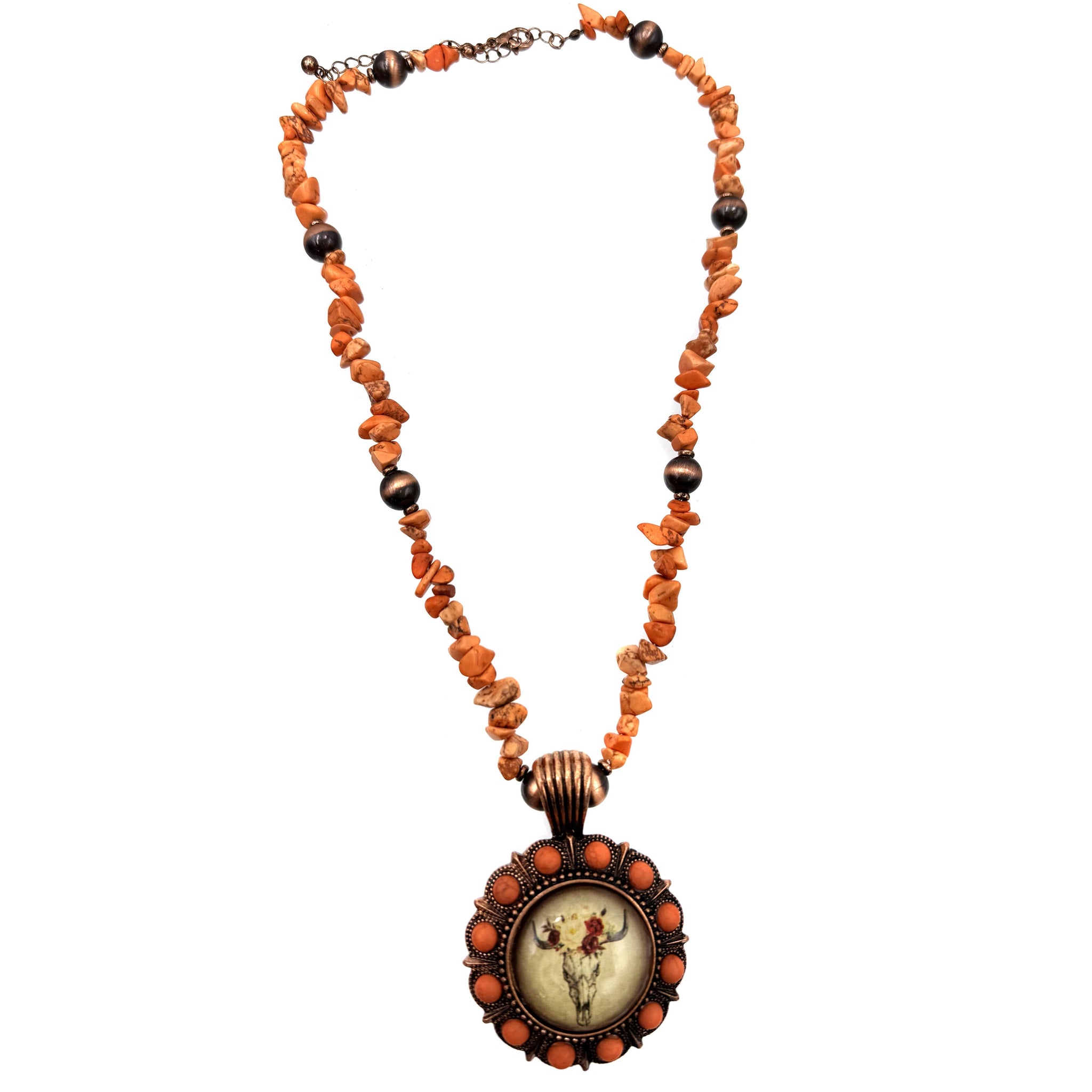 Orange Stone Necklace with Bohemian Longhorn Pendant