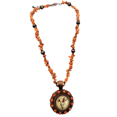 Orange Stone Necklace with Bohemian Longhorn Pendant