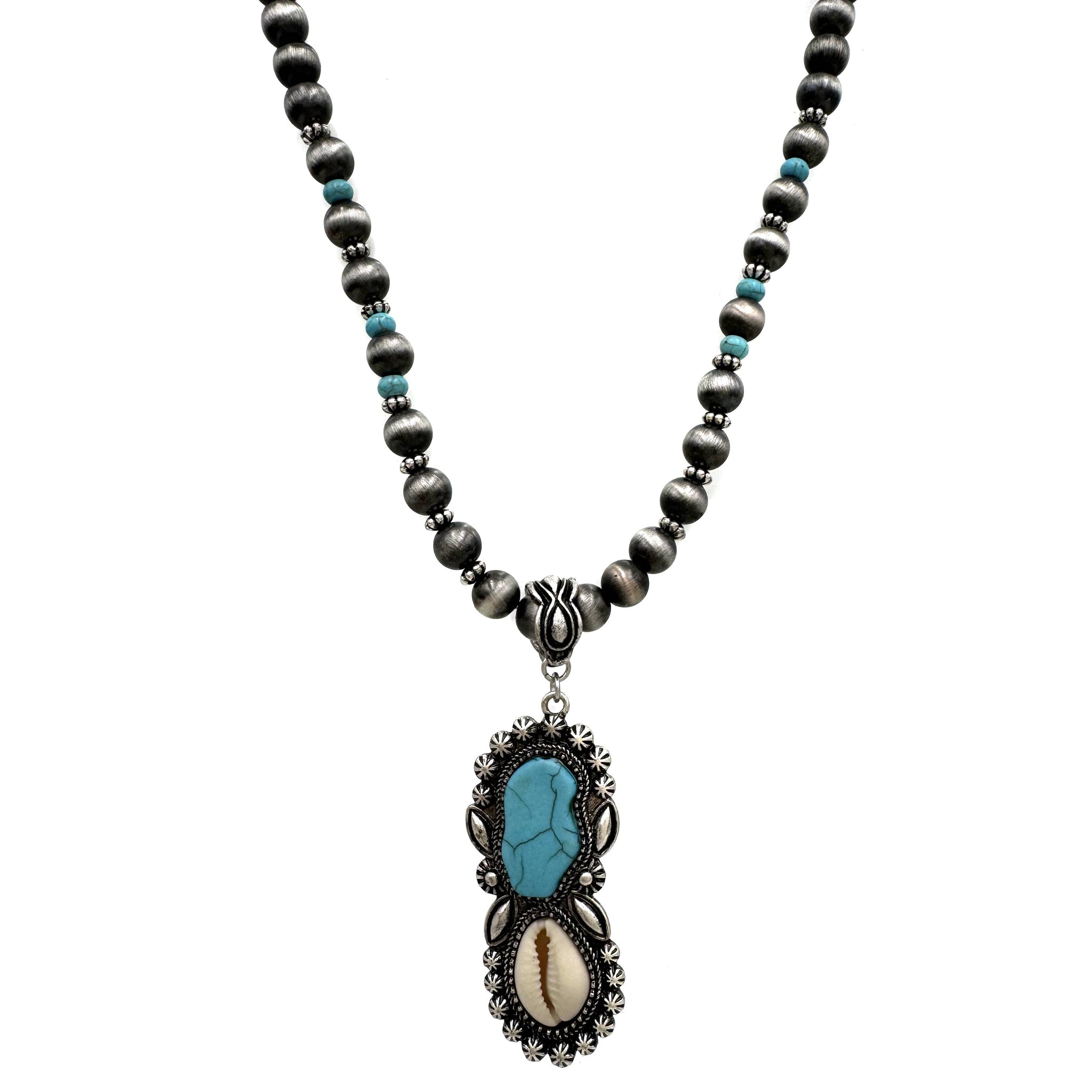 Turquoise Stone Cowrie Shell Navajo Bead Necklace