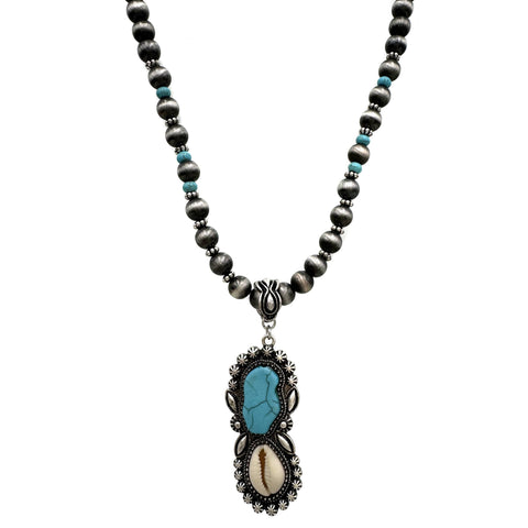Turquoise Stone Cowrie Shell Navajo Bead Necklace