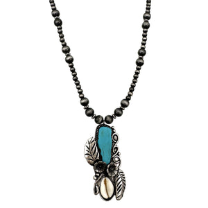 Turquoise Stone Cowrie Shell Leaf Navajo Bead Necklace